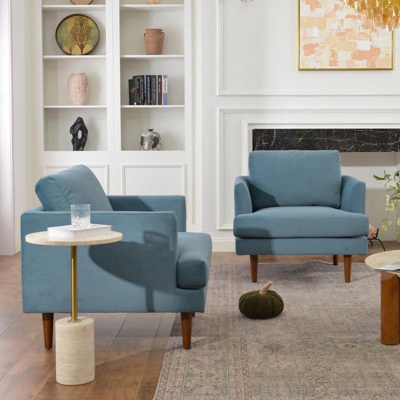 Mavi Kadife 2li Set Ceviz Ahşap Ayaklı Kare Kollu Tekli Koltuk - 205107