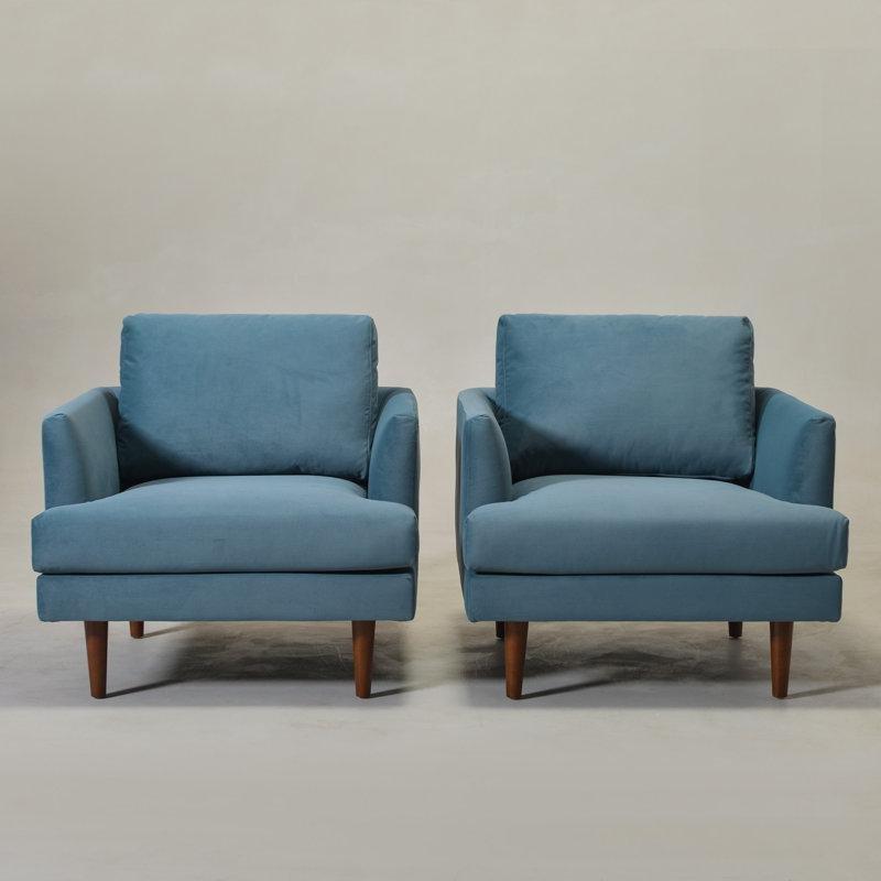 Mavi Kadife 2li Set Ceviz Ahşap Ayaklı Kare Kollu Tekli Koltuk - 205107