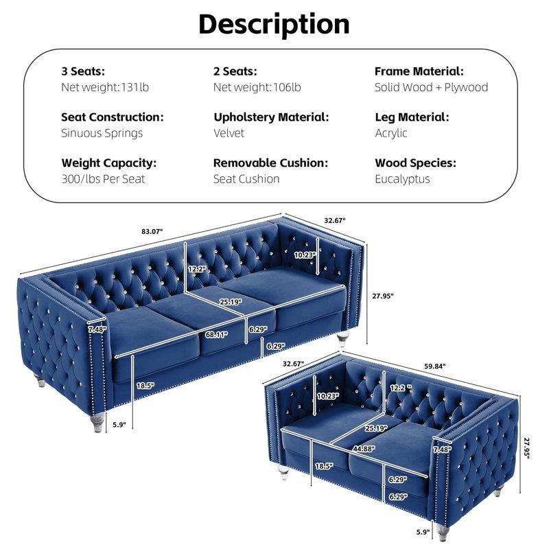 Mavi Kadife Akrilik Ayaklı Kapitoneli Zımbalı Koltuk Takımı - 191402