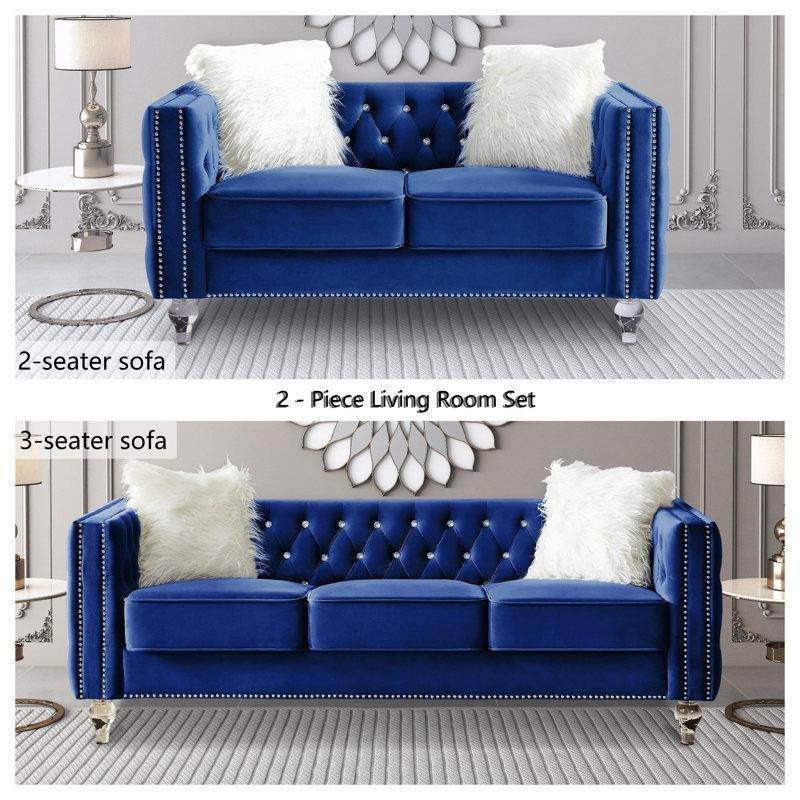 Mavi Kadife Akrilik Ayaklı Kapitoneli Zımbalı Koltuk Takımı - 191402