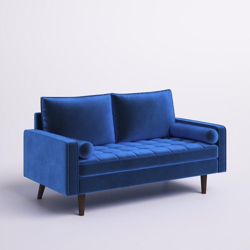 Mavi Kadife Kapitoneli Yüzyıl Ortası Modern İkili Koltuk - 161 cm - 205684