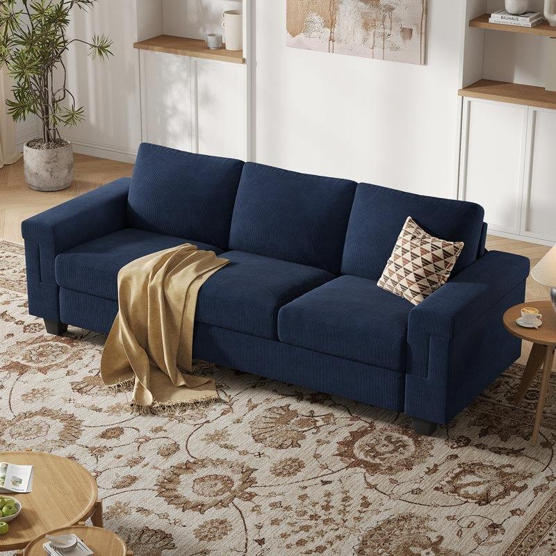 Mavi Kadife Kumaş Masif Ahşap Ayaklı Kare Kollu Üçlü Koltuk - 229 cm - 197099