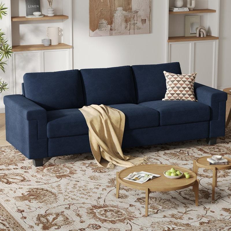 Mavi Kadife Kumaş Masif Ahşap Ayaklı Kare Kollu Üçlü Koltuk - 229 cm - 197099