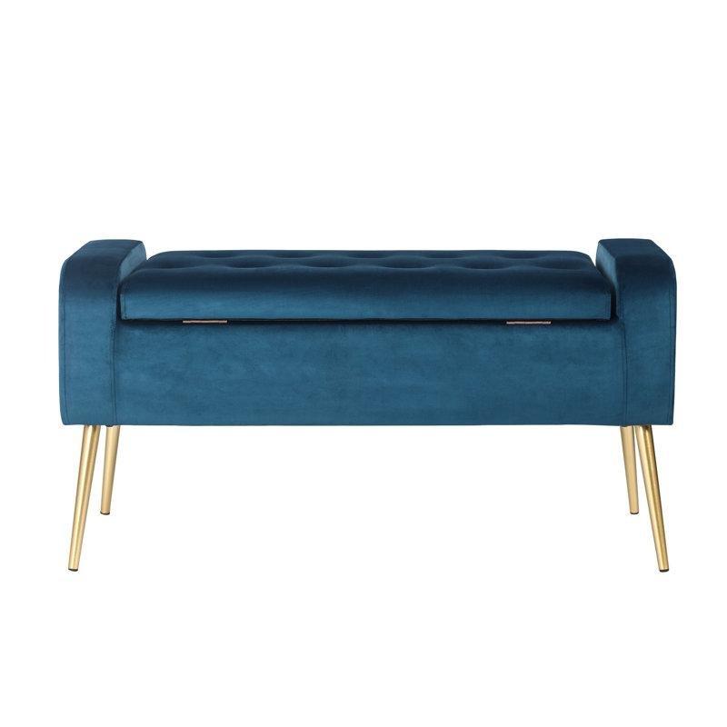 Mavi Kadife Kumaş Metal Ayaklı Sandıklı Kapitoneli Bench - 101x40 cm - 164284