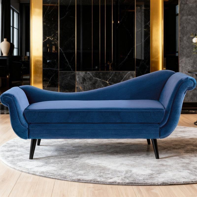 Mavi Kadife Masif Huş Ağacı Kıvrımlı Kolçaklı Josephine Koltuk - 174x73x75 cm - 190496