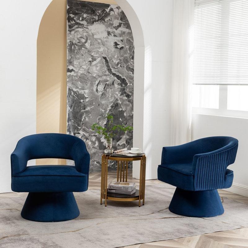 Mavi Kadife Metal Ayaklı Döner Fıçı Tasarım Tekli Koltuk - 2li Set - 205182