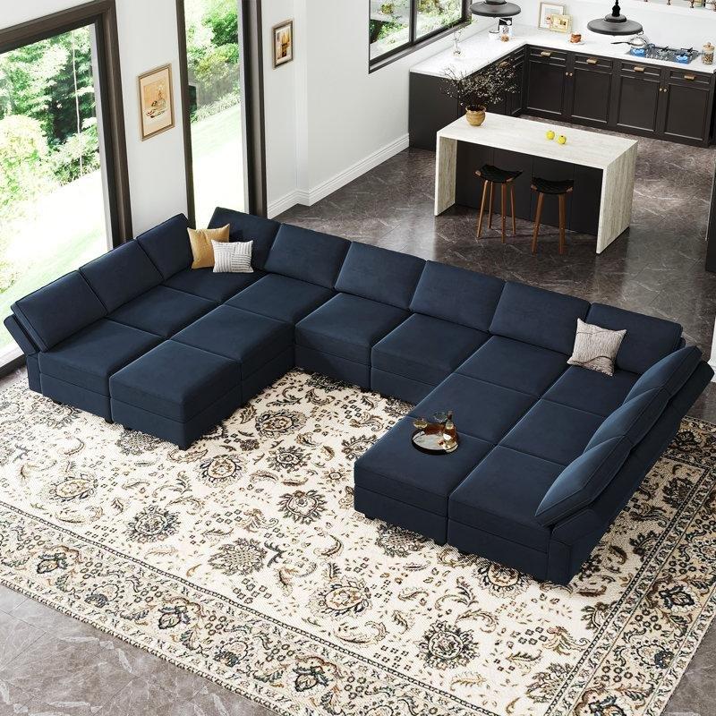 Mavi Kadife Modüler Saklama Alanlı Yönü Değiştirilebilir U Köşe Koltuk Takımı - 431x216 cm - 193237