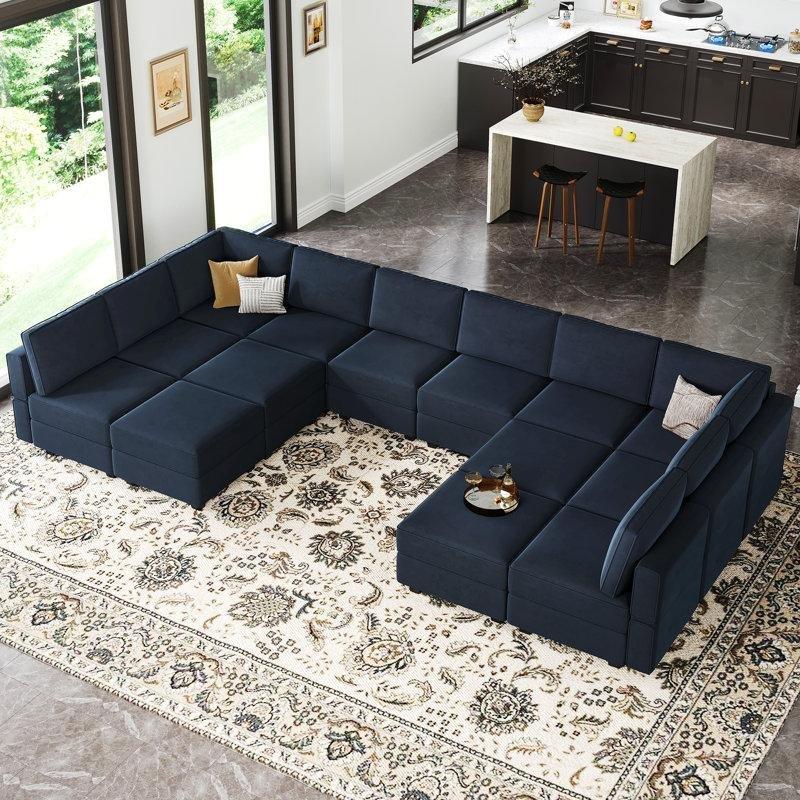 Mavi Kadife Modüler Saklama Alanlı Yönü Değiştirilebilir U Köşe Koltuk Takımı - 431x216 cm - 193237