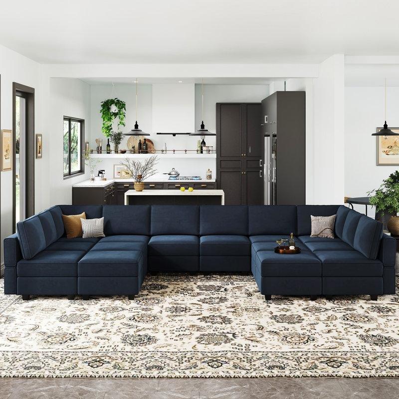 Mavi Kadife Modüler Saklama Alanlı Yönü Değiştirilebilir U Köşe Koltuk Takımı - 431x216 cm - 193237