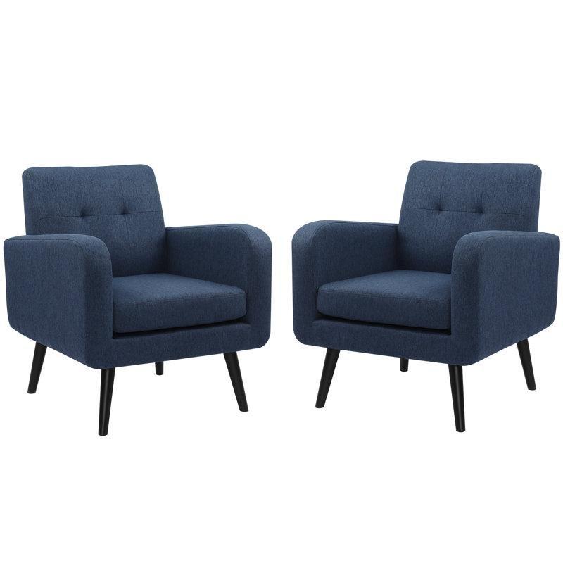 Mavi Kapitoneli Masif Kauçuk Ağacı Ayaklı 2li Set Tekli Koltuk - 204879