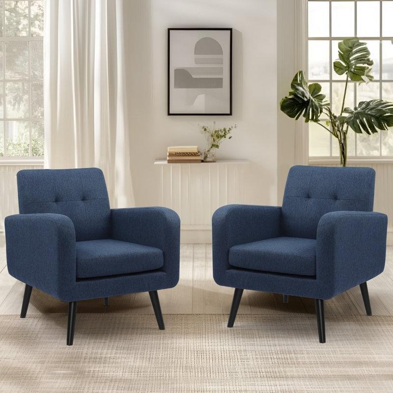 Mavi Kapitoneli Masif Kauçuk Ağacı Ayaklı 2li Set Tekli Koltuk - 204879