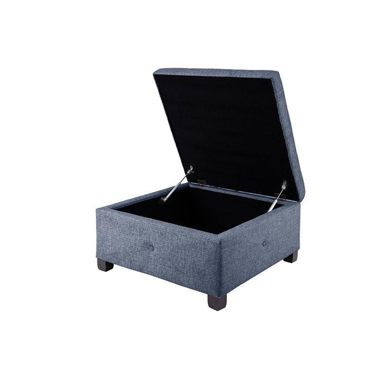 Mavi Kapitoneli Sandıklı Masif Ahşap Ayaklı Kare Puf - 75x75 cm - 164908