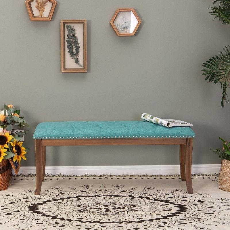 Mavi Kapitoneli Zımba Detaylı Akasya Ağacı Ayaklı Bench - 112 cm - 164374