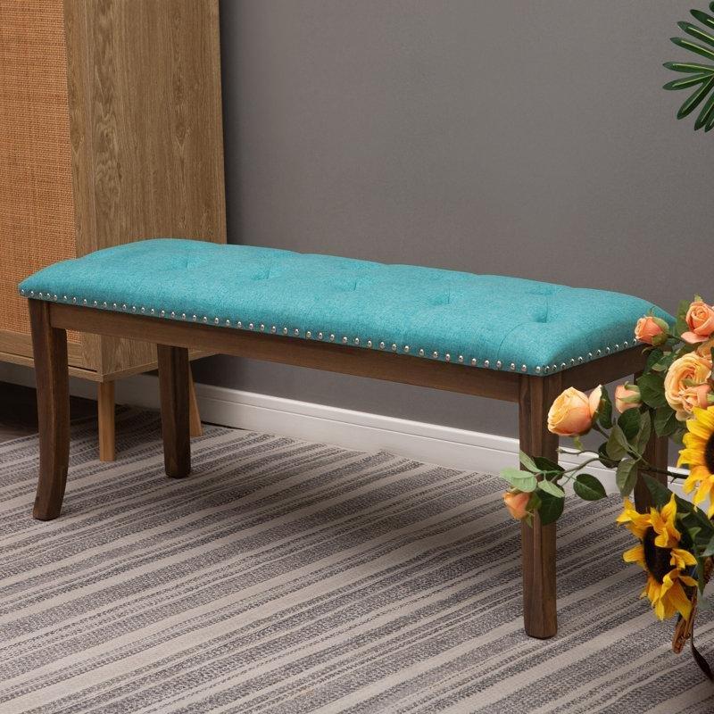 Mavi Kapitoneli Zımba Detaylı Akasya Ağacı Ayaklı Bench - 112 cm - 164374