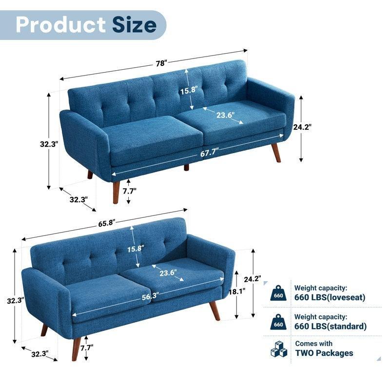 Mavi Keten Kapitoneli Masif Ahşap Ayaklı Koltuk Takımı - 191724