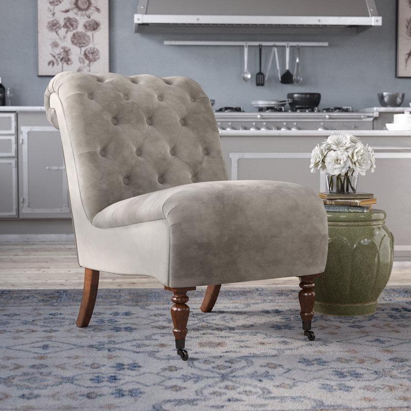 Mavi Keten Kapitoneli Masif Huş Ağacı Ayaklı Tekli Koltuk - 204528