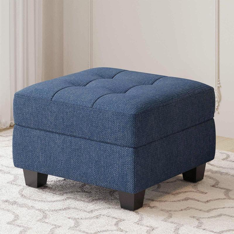 Mavi Keten Kapitoneli Sandıklı Masif Ahşap Puf - 68x68x45 cm - 165268