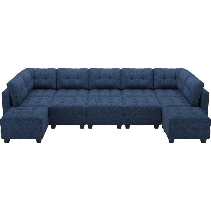 Mavi Keten Kumaş Depolamalı Modüler Yataklı Kapitoneli U Köşe Koltuk Takımı - 364 cm - 193211