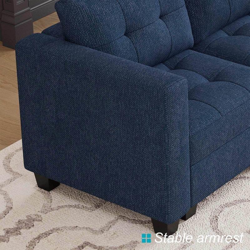 Mavi Keten Kumaş Depolamalı Modüler Yataklı Kapitoneli U Köşe Koltuk Takımı - 364 cm - 193211