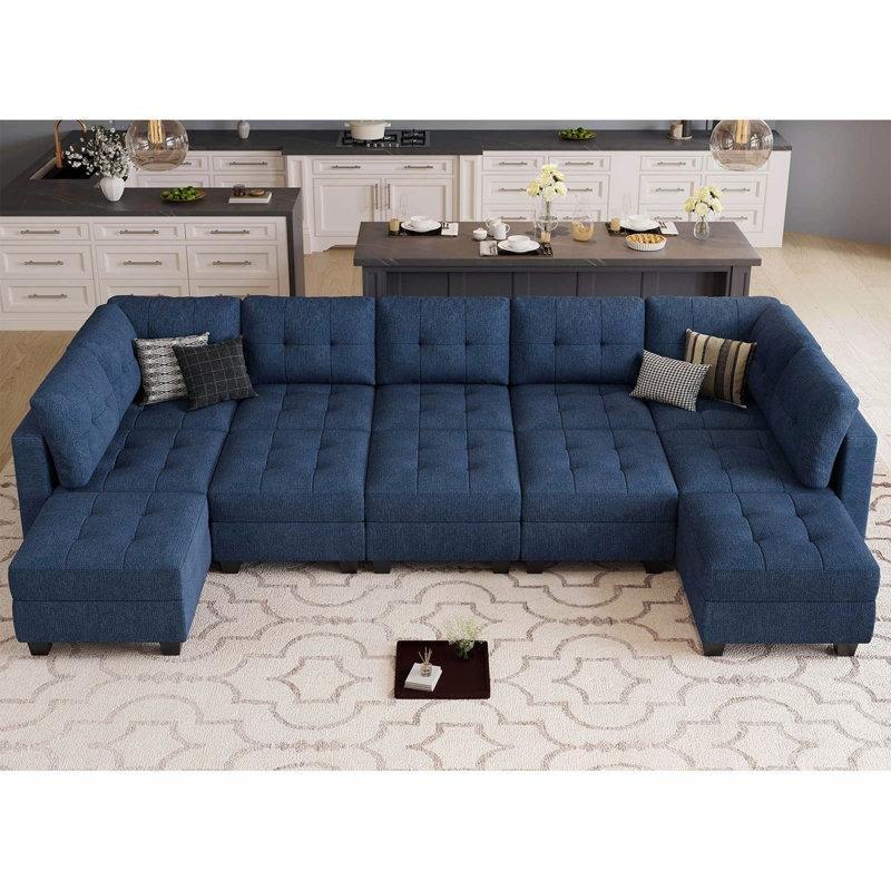 Mavi Keten Kumaş Depolamalı Modüler Yataklı Kapitoneli U Köşe Koltuk Takımı - 364 cm - 193211