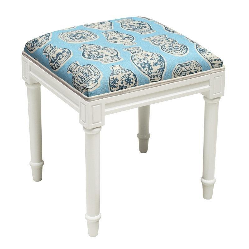 Mavi Keten Kumaş Döşemeli Masif Ahşap İskeletli Toile Desenli Makyaj Masası Pufu - 44x41 cm - 233050