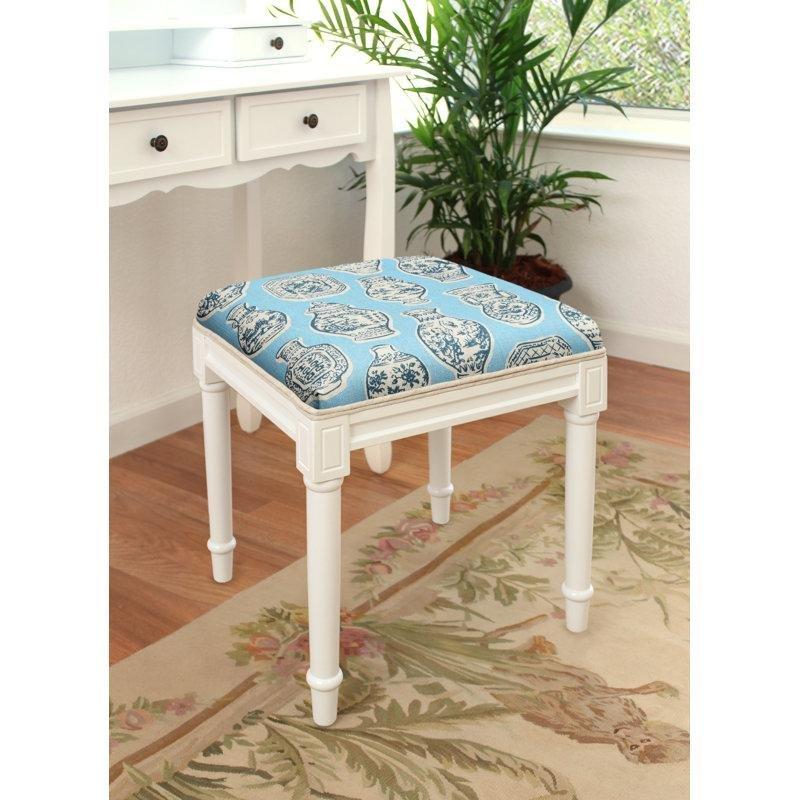 Mavi Keten Kumaş Döşemeli Masif Ahşap İskeletli Toile Desenli Makyaj Masası Pufu - 44x41 cm - 233050