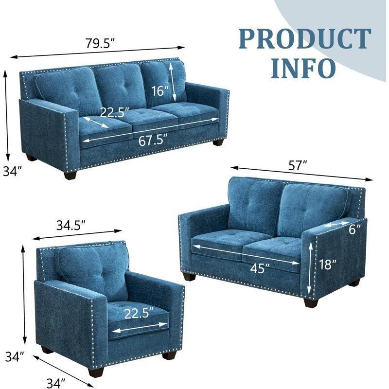 Mavi Keten Kumaş Düğme Detaylı Zımba Şeritli 3 Parça Koltuk Takımı - 191754