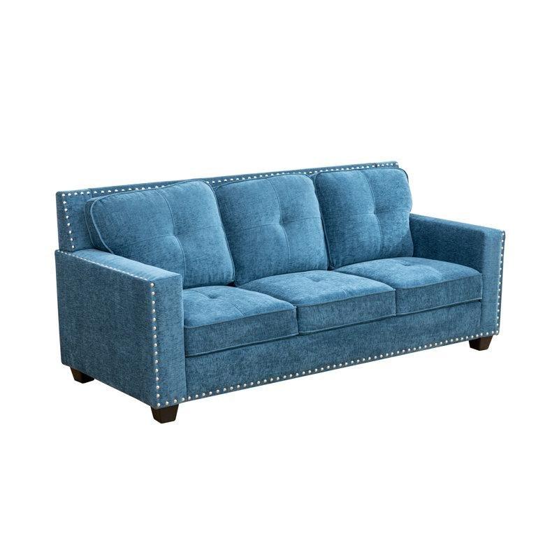 Mavi Keten Kumaş Düğme Detaylı Zımba Şeritli 3 Parça Koltuk Takımı - 191754