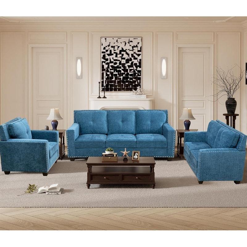 Mavi Keten Kumaş Düğme Detaylı Zımba Şeritli 3 Parça Koltuk Takımı - 191754