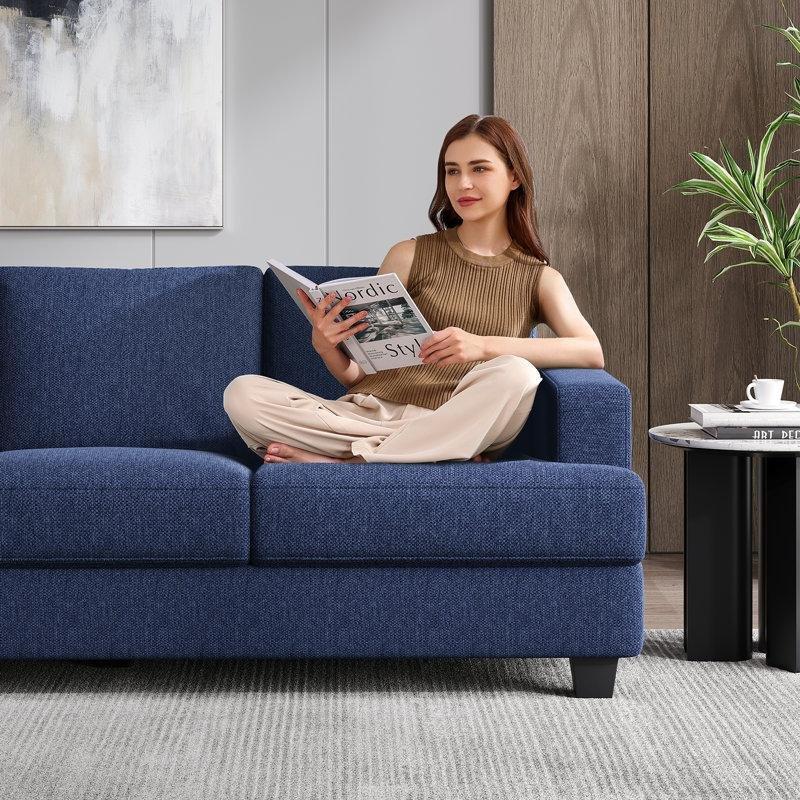 Mavi Keten Kumaş Kare Kollu 2 Parça Koltuk Takımı - 192158