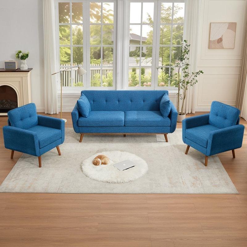 Mavi Keten Kumaş Masif Ahşap Ayaklı Kapitoneli Koltuk Takımı - 197 cm - 191813