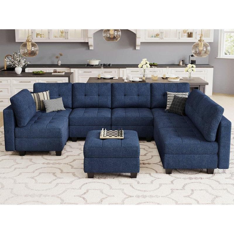 Mavi Keten Kumaş Sandıklı ve Ayarlanabilir Sırtlıklı Modüler U Köşe Koltuk Takımı - 297 cm - 193130