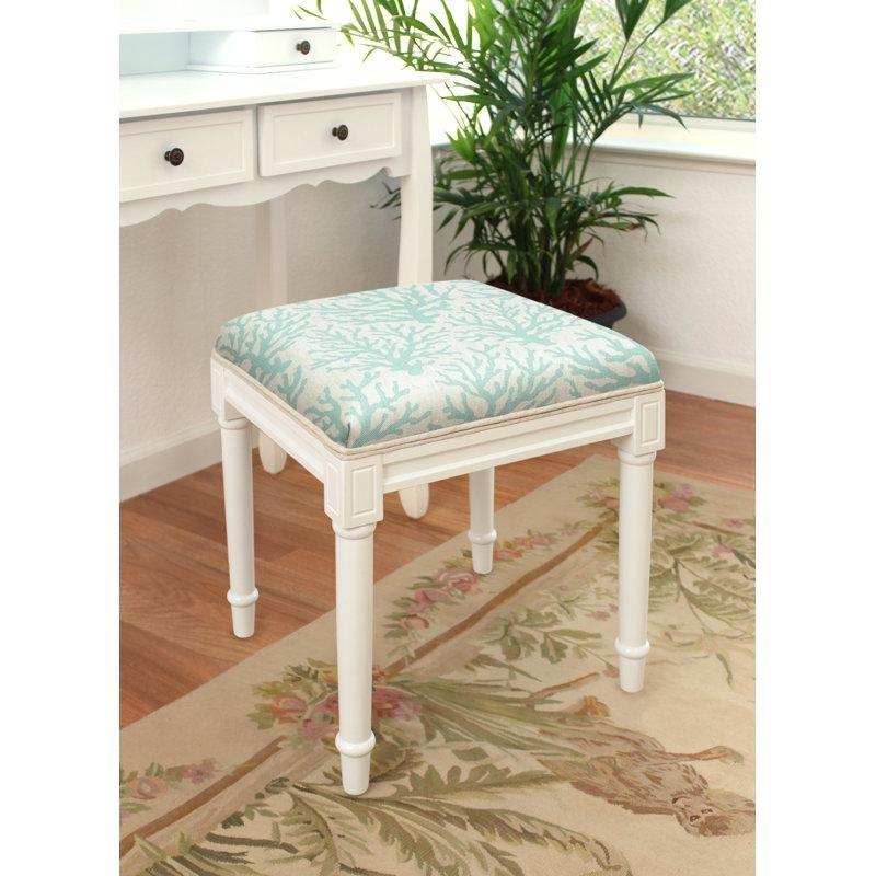 Mavi Keten Kumaşlı Masif Ahşap Mercan Desenli Makyaj Masası Pufu - 44x41 cm - 233230