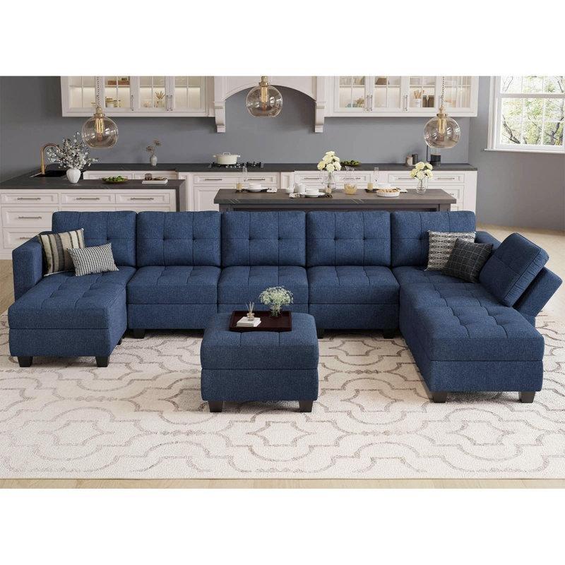 Mavi Keten ve Polyester Karışımı Modüler Sandıklı U Şekilli Köşe Koltuk Takımı - 364 cm - 193269