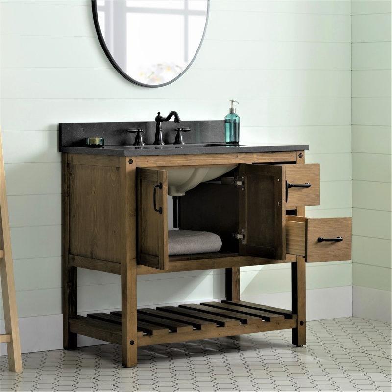 Mavi Kireçtaşı Tezgahlı Masif Köknar Ağacı Eskitme Tasarımlı Banyo Lavabo Dolabı - 92 cm - 198966
