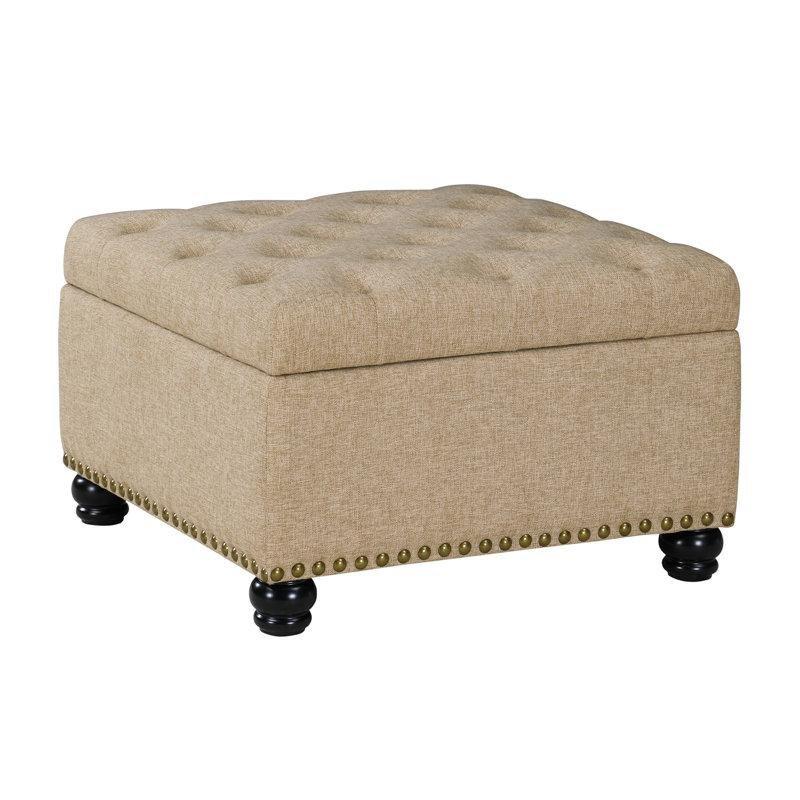 Mavi Kumaş Kapitoneli Masif Ahşap Ayaklı Sandıklı Kare Puf - 72x72 cm - 164950