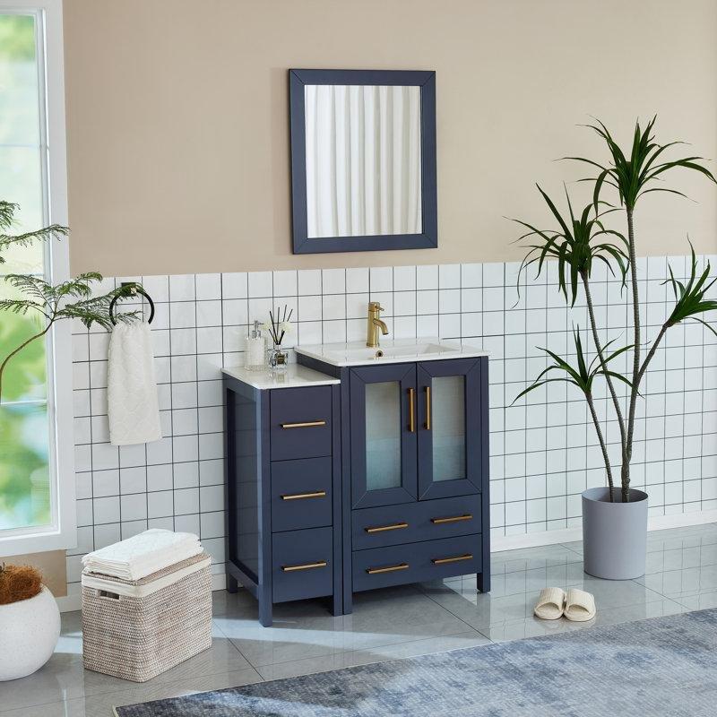 Mavi Masif Ahşap Aynalı Çekmeceli Banyo Lavabo Dolabı - 91 cm - 200576