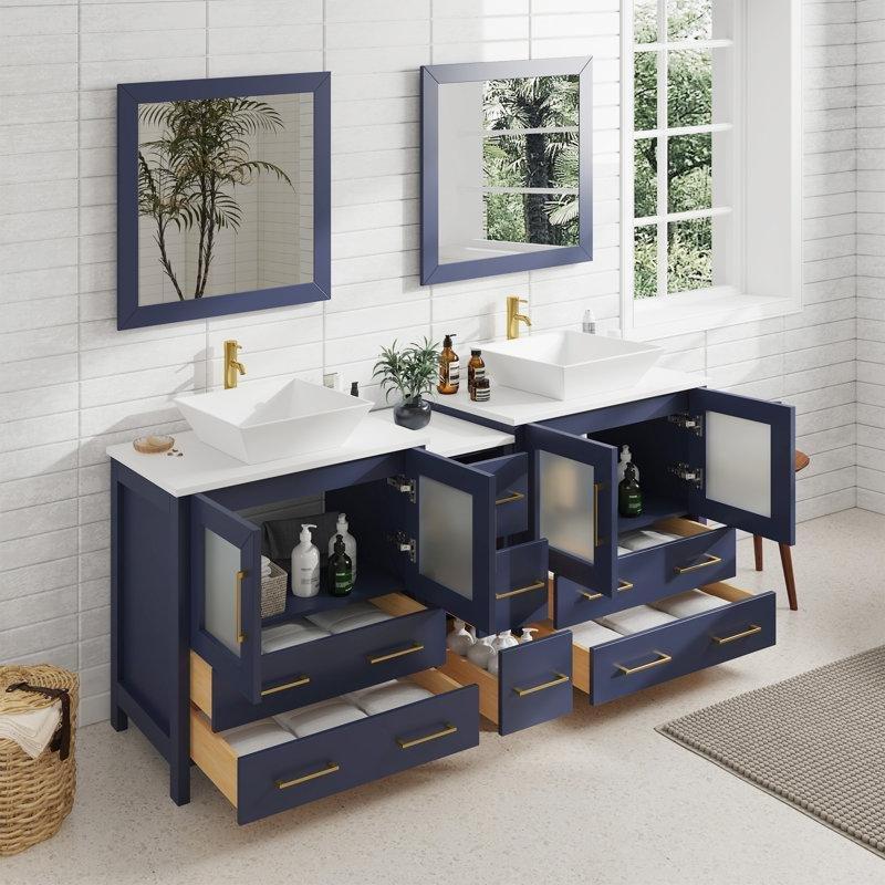 Mavi Masif Ahşap Aynalı İkili Lavabolu Yavaş Kapanır Banyo Lavabo Dolabı - 183 cm - 201974