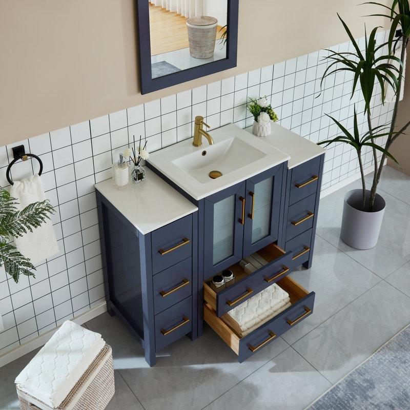 Mavi Masif Ahşap Aynalı ve Çekmeceli Seramik Tezgahlı Banyo Lavabo Dolabı Seti - 122 cm - 201017