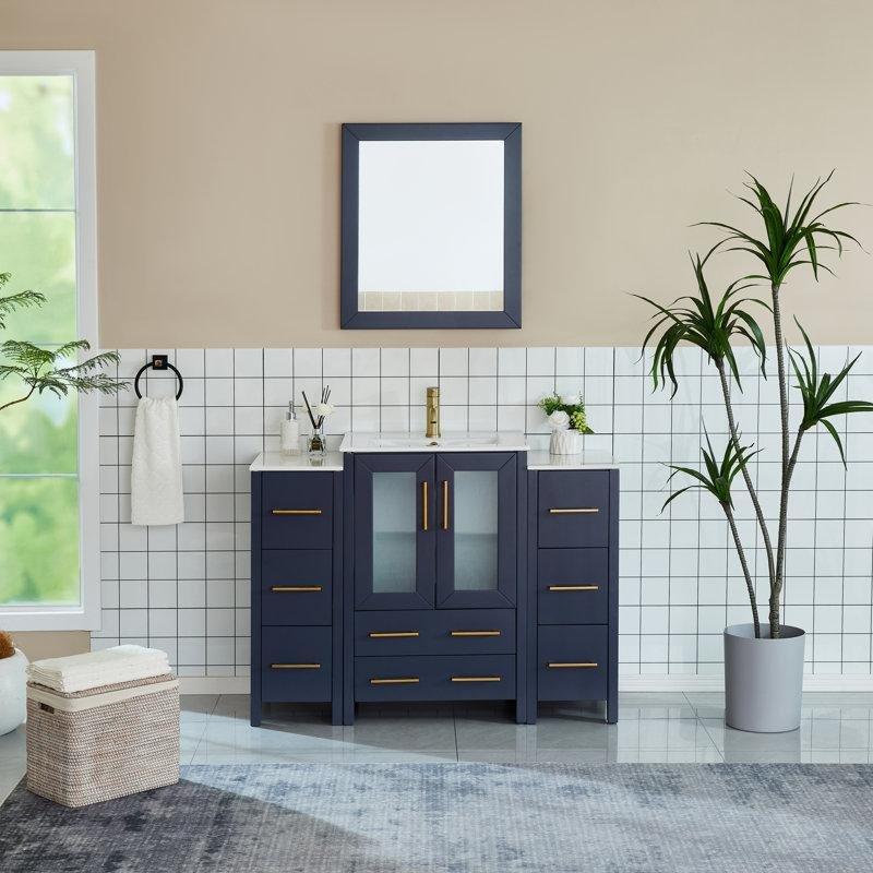 Mavi Masif Ahşap Aynalı ve Çekmeceli Seramik Tezgahlı Banyo Lavabo Dolabı Seti - 122 cm - 201017