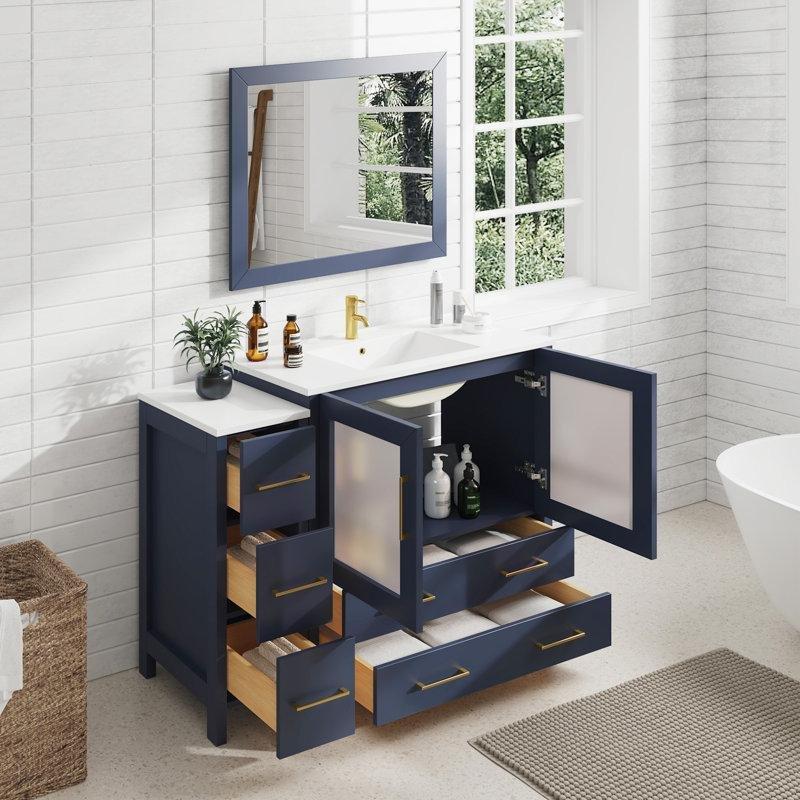 Mavi Masif Ahşap Aynalı ve Çekmeceli Yavaş Kapanır Banyo Lavabo Dolabı - 122 cm - 200777
