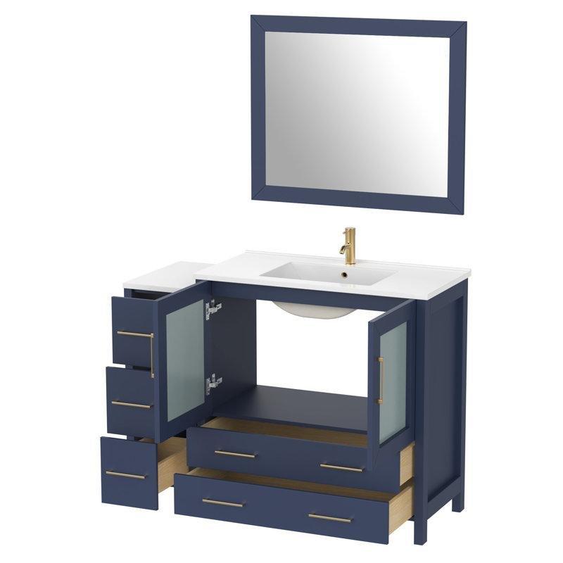 Mavi Masif Ahşap Aynalı ve Çekmeceli Yavaş Kapanır Banyo Lavabo Dolabı - 122 cm - 200777