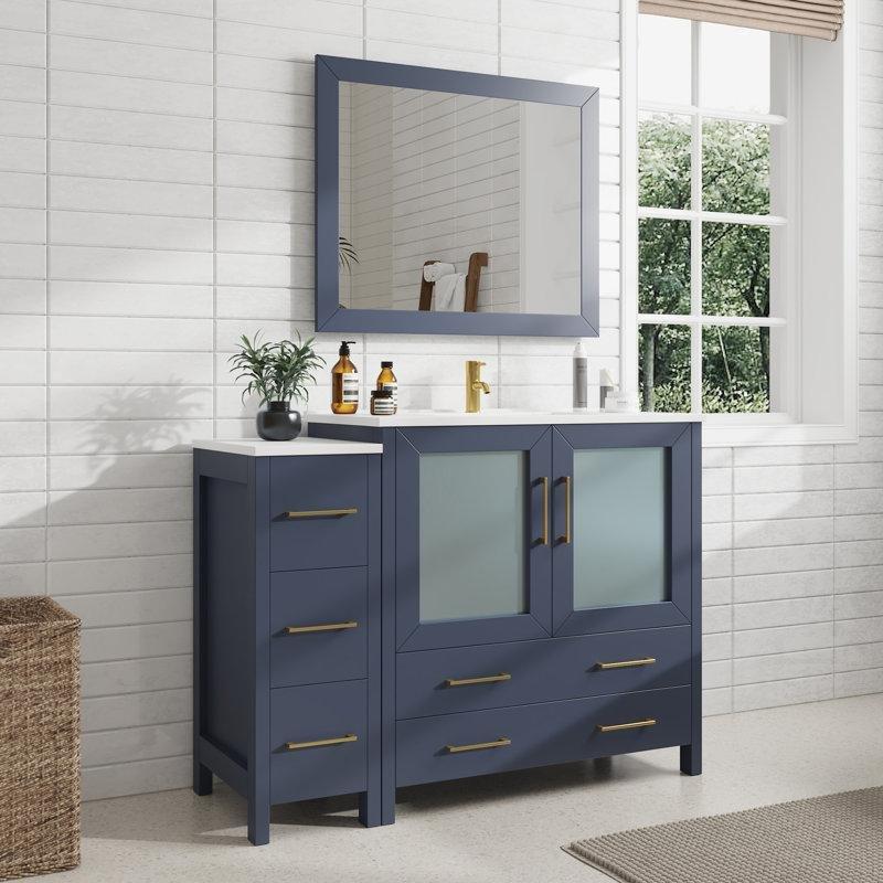 Mavi Masif Ahşap Aynalı ve Çekmeceli Yavaş Kapanır Banyo Lavabo Dolabı - 122 cm - 200777