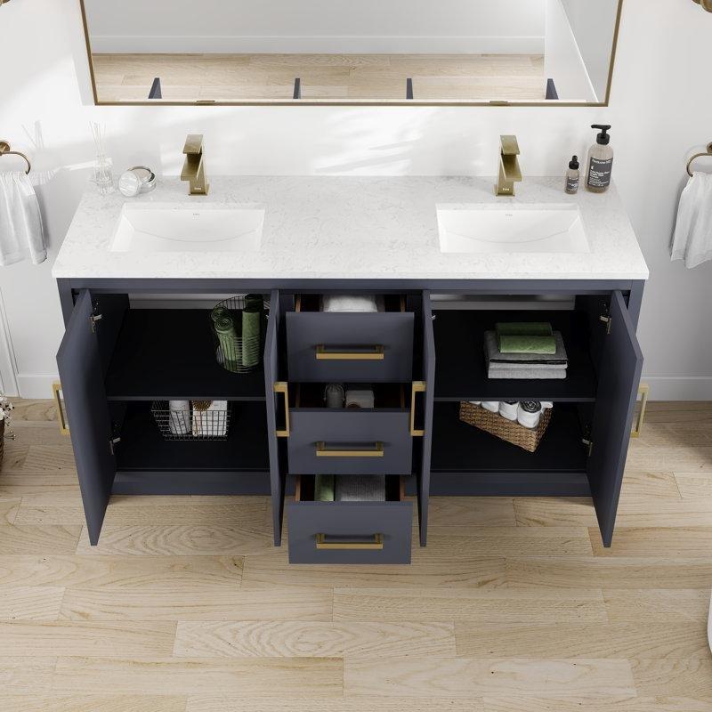 Mavi Masif Ahşap Çift Lavabolu Carrara Kuvars Tezgahlı Banyo Lavabo Dolabı - 153 cm - 197559