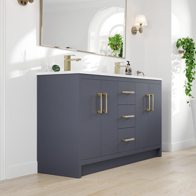 Mavi Masif Ahşap Çift Lavabolu Carrara Kuvars Tezgahlı Banyo Lavabo Dolabı - 153 cm - 197559