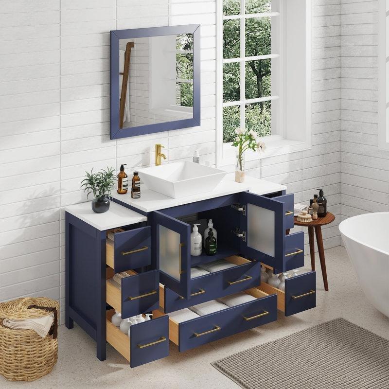 Mavi Masif Ahşap Endüstriyel Mermer Tezgahlı Aynalı Banyo Lavabo Dolabı - 138 cm - 201502