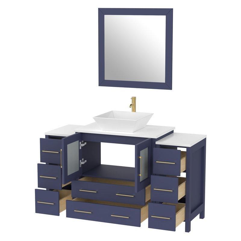 Mavi Masif Ahşap Endüstriyel Mermer Tezgahlı Aynalı Banyo Lavabo Dolabı - 138 cm - 201502