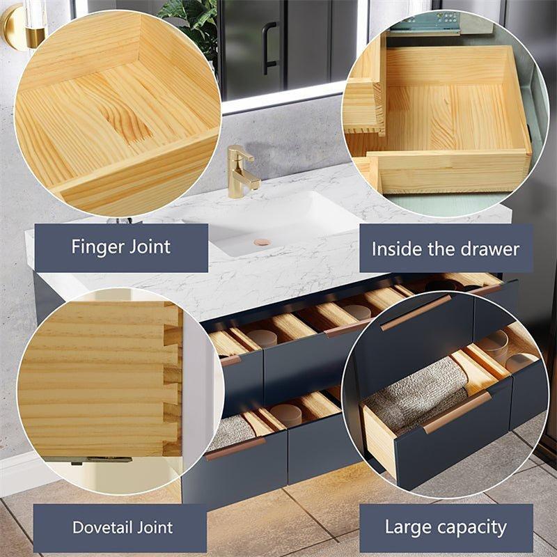 Mavi Masif Ahşap LED Işıklı Yavaş Kapanır Çekmeceli Duvara Monte Banyo Lavabo Dolabı - 122 cm - 197643