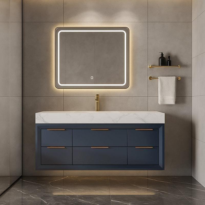 Mavi Masif Ahşap LED Işıklı Yavaş Kapanır Çekmeceli Duvara Monte Banyo Lavabo Dolabı - 122 cm - 197643