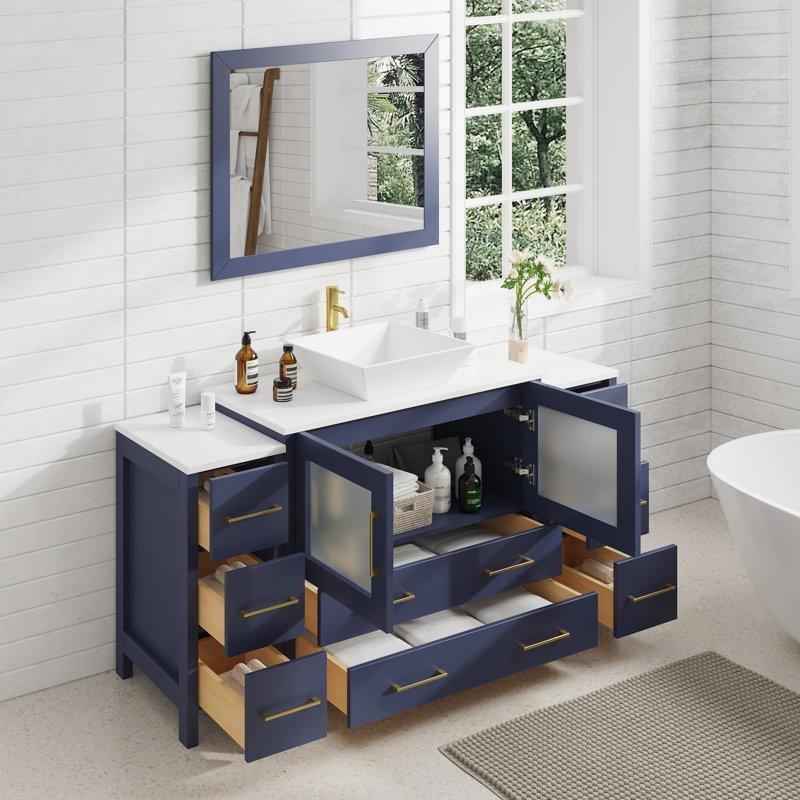Mavi Masif Ahşap Mermer Tezgahlı Aynalı 8 Çekmeceli Banyo Lavabo Dolabı - 153 cm - 201566